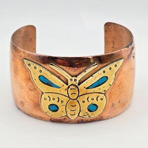 VTG Cobre Copper & Brass Turquoise Inlay Butterfly Wide Cuff Bracelet 7" Mexico
